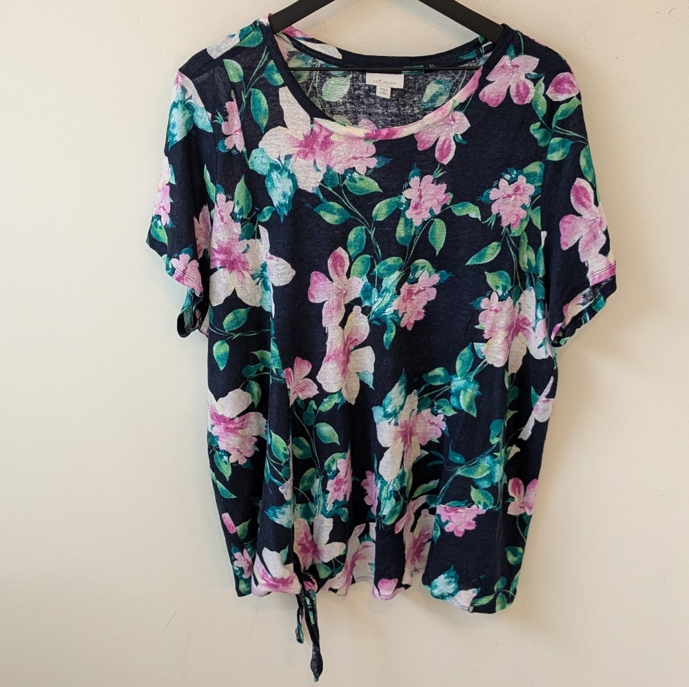J. Jill Women's 100% Linen Floral Short Sleeve Tie Front Shirt Blouse Size 2X